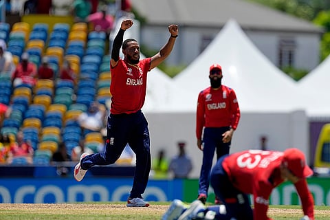Chris Jordan celebrates the dismissal of Noshtush Kenjige